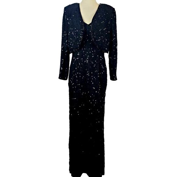 Vintage Formal Silk Black Sequin Beaded Dress Glam Event Gown Bolero Jacket Sz M - Picture 2 of 16